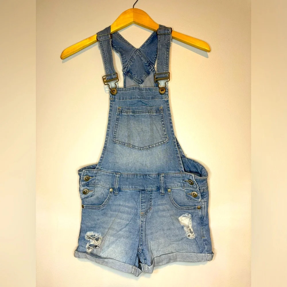 Blue Spice Light Wash DESTROYED Denim‎ Overall DAISY DUKE'S Shorts Girl SZ 1